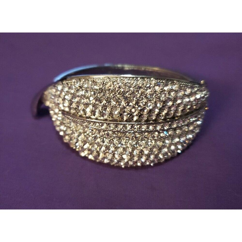 Chunky Large Leaf Shaped Hinged Bracelet, Silver Tone & Clear Glass Rhinestones